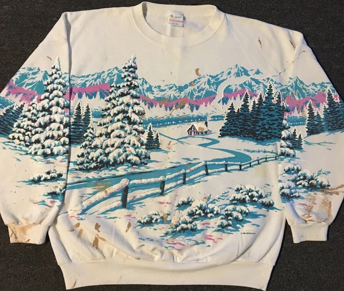 Vtg 90s Snow Mountain Faded Distress AOP Sweatshirt M Boxy Vtg 90s Snow Mountain Faded Distress AOP Sweatshirt M Boxy