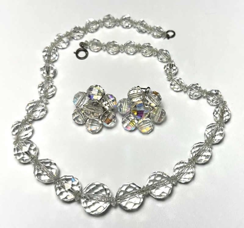Crystal Necklace & Earrings, Clear Bead Necklace, AB Earrings, Unsigned 1950s