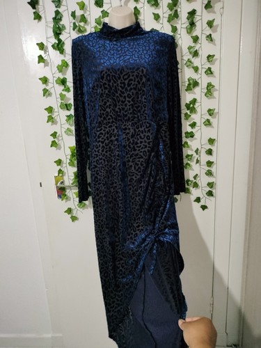 Plt blue velvet longsleeve ruched side dipped hem midi maxi dress size UK 16 - Picture 5 of 17