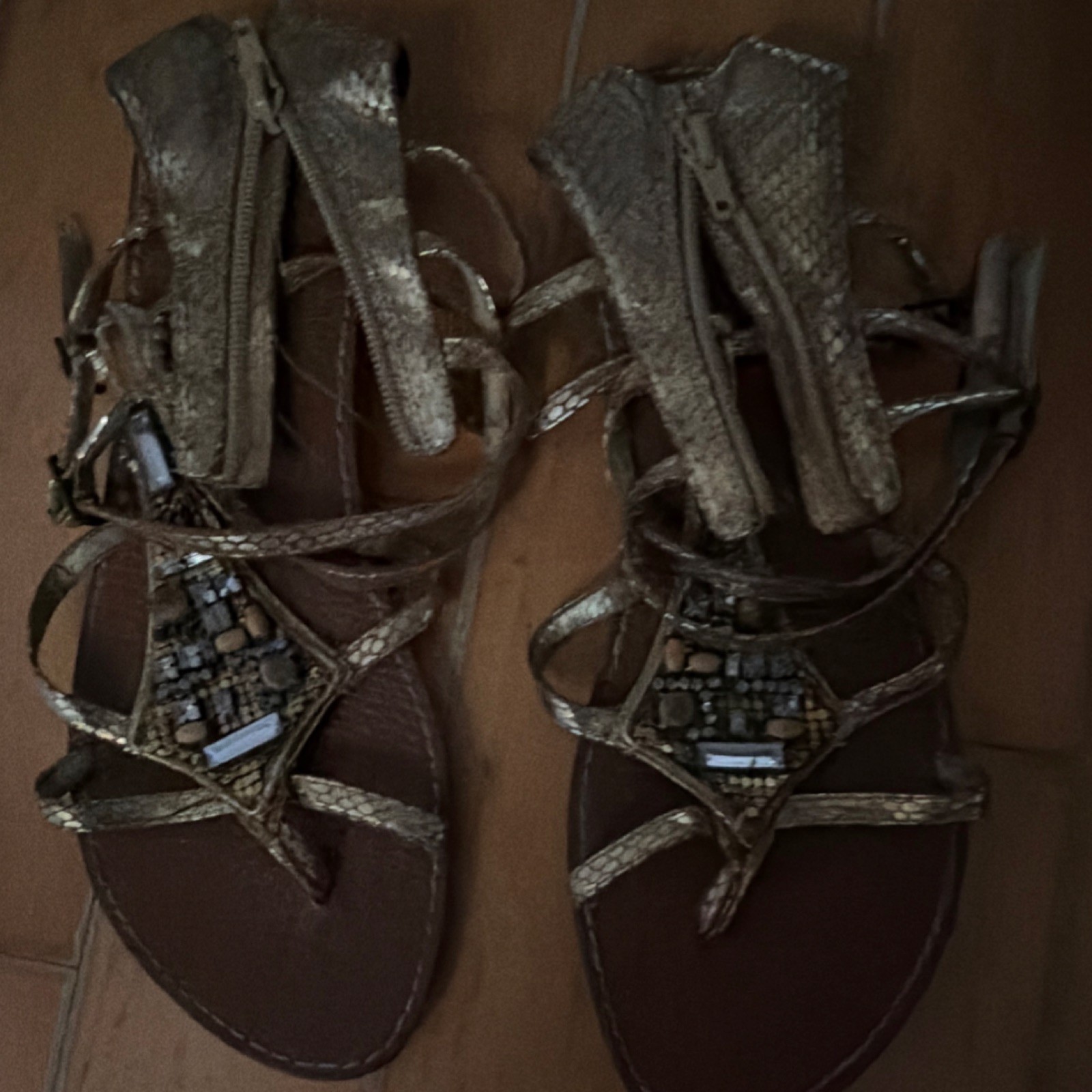Women's Gold Strappy Sandals Beaded Synthetic Upper Zip Closure Casual Summer