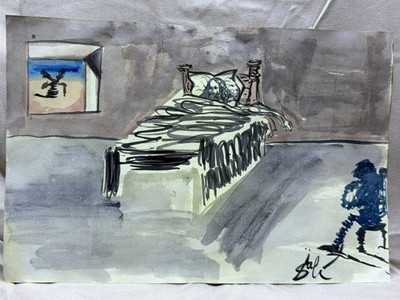SALVADOR DALI drawing and painting on old paper signed stamped vintage