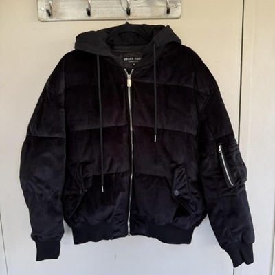 Grace Chow Black Velvet Puffer Bomber Jacket With Pearl Embellishments