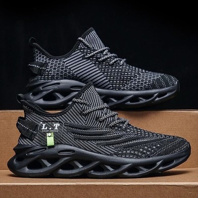 YRZL Men s Breathable Running Shoes   Black Mesh Sneakers, Shock-Absorption