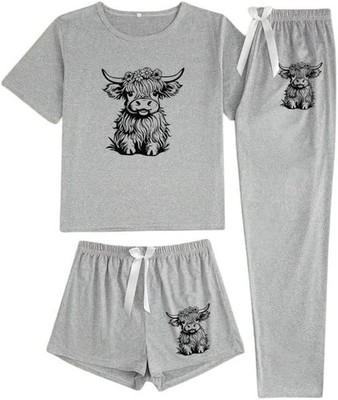 Women's Highland Cow Print 3-Piece Western Pajama Set Soft Comfy Loungewear