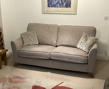 Grey Fabric 3-Seater Sofa 200cm with Brown Feet, Contemporary Arms & Cushions