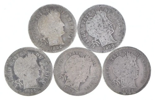 Better Lot 5 1892 1908-D 1893-S 1903-O 1914-S Barber Dime 0.50 Face *196
