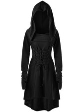FSVABY Womens Renaissance Vintage Hooded Costume Black Dress Lace Up Robe High W