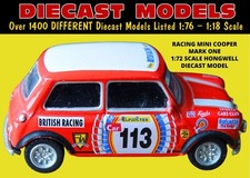 1960's MINI COOPER MARK ONE RACE CAR; RED WITH DECALS; 1:72 SCALE DIECAST MODEL