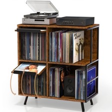 Record Player Stand 3 Tier Flip Top Holds 300 Albums Rustic Brown Vintage