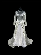 Vtg MCM 1950  s Wedding Gown Drop Basque Waist White Liquid Satin Lace Peplum S