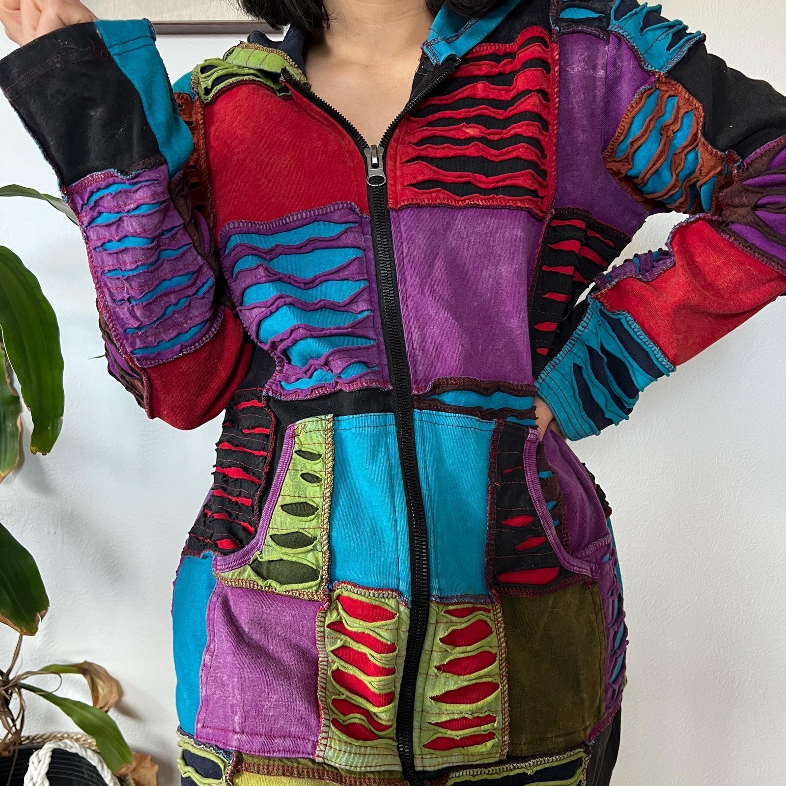 Y2K Patchwork Zip Jacket Psychedelic Festival Coa… - image 1