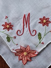 Madeira Monogramed M Handkerchief Hankie with Poinsettia