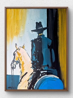 Abstract Original Blue Cowboy Horse Living Room Decor 12x16 Canvas Acrylic B028
