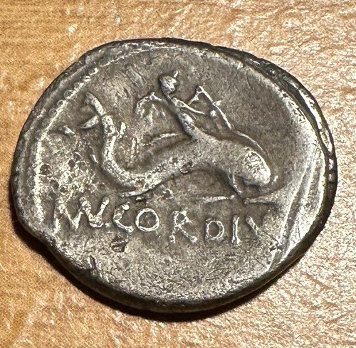 Roman Republic Mn Cordius Rufus AR Denarius Venus Cupid Dolphin 46 BC