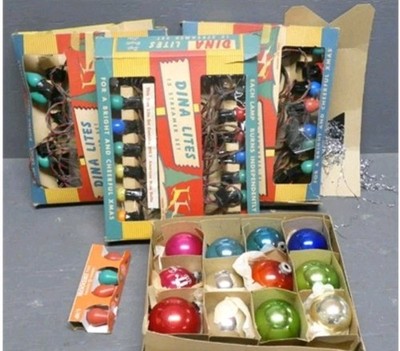 Vintage (3)Dina Lites Christmas Lights Streamer Sets, (12) VTG Balls &xtra Bulbs