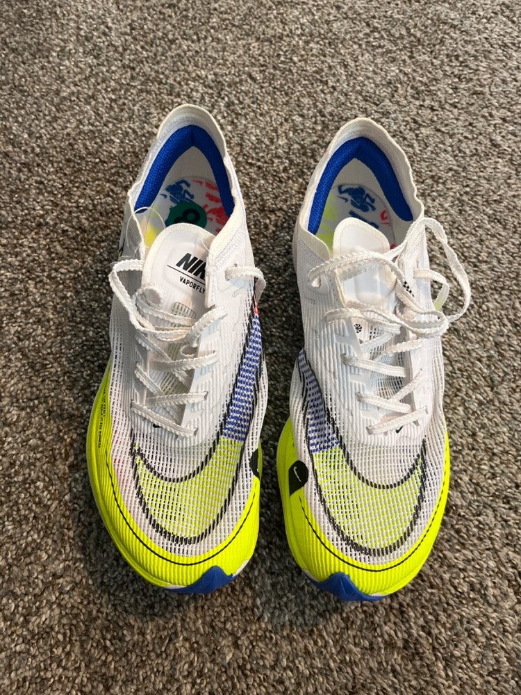 Nike ZoomX Vaporfly Next% 2 in White Volt Racer Blue - Size 8
