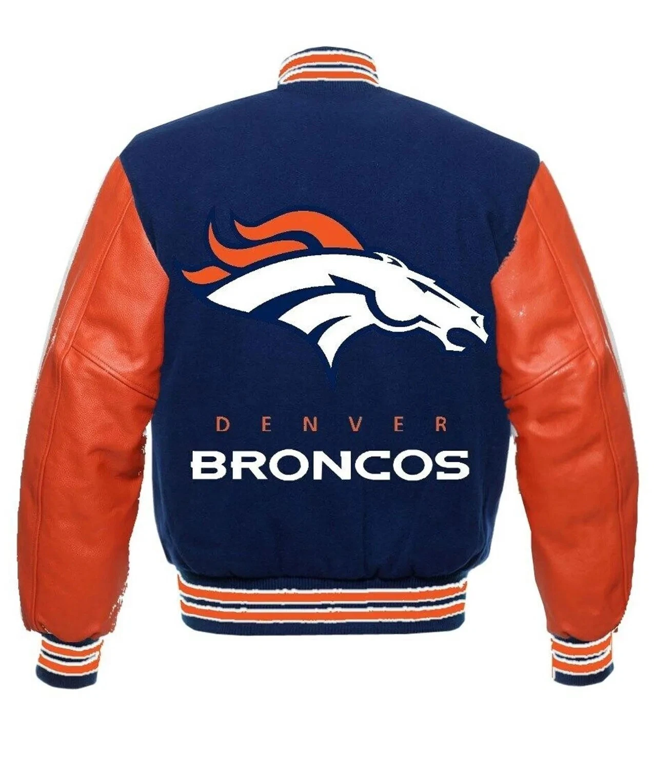 Denver Broncos Navy Blue Body Orange Letterman Jacket Varsity Jacket