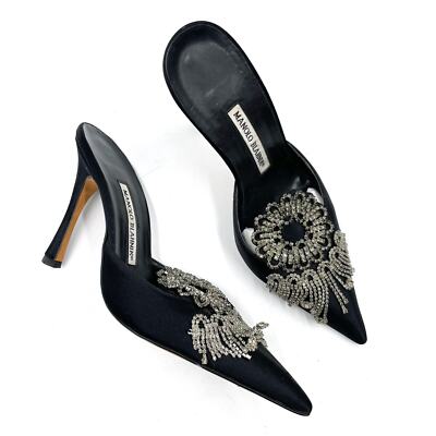 Manolo Blahnik Vitty Mules Black Satin Heels Crystal Fringe