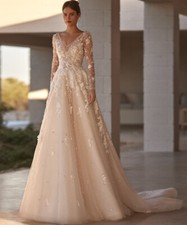 Glitter Sequins Pearls Wedding Dress Appliques 3D Flowers A-Line Bridal Gown New