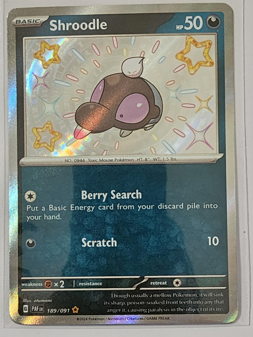 Shroodle 189/091 Paldean Fates Baby Shiny Rare Holo Pokemon TCG NM