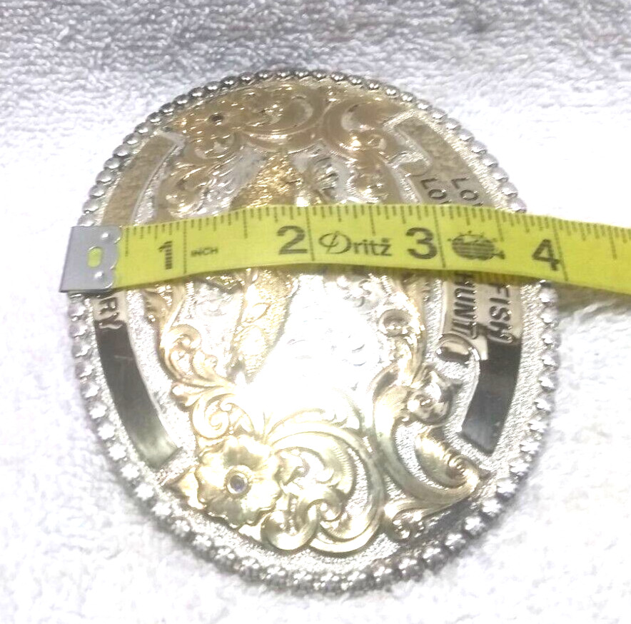 Montana Silversmiths Love to Fish, Hunt Bass Elk Gold Engraved Buckle W/Box EC