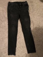 H&M Men's Ripped Pleated Slim fit Patch Stretch Distressed Black Denim Jeans