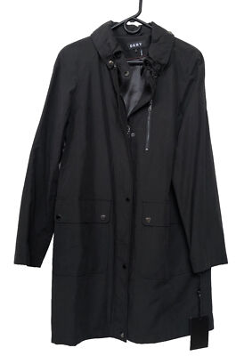 dkny women Trench Coat Black M Full Zip Pockets Lined Hooded Water