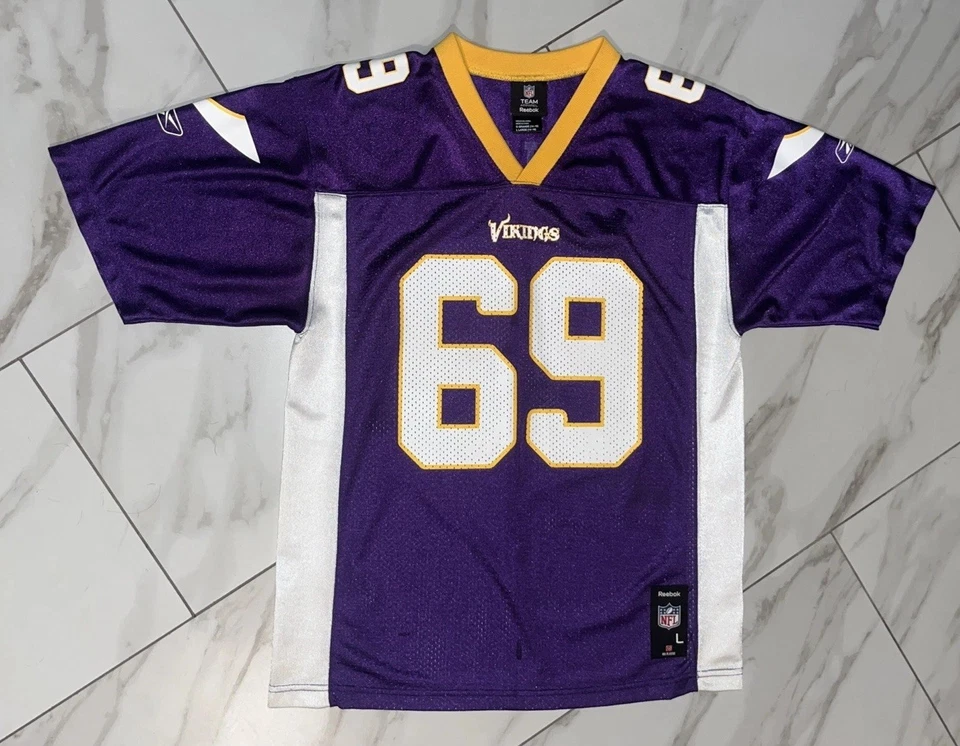 Camiseta Vintage Minnesota Vikings Jared Allen #69 Reebok NFL Youth L Roxa Excelente Estado Usado - Imagem 2 de 4