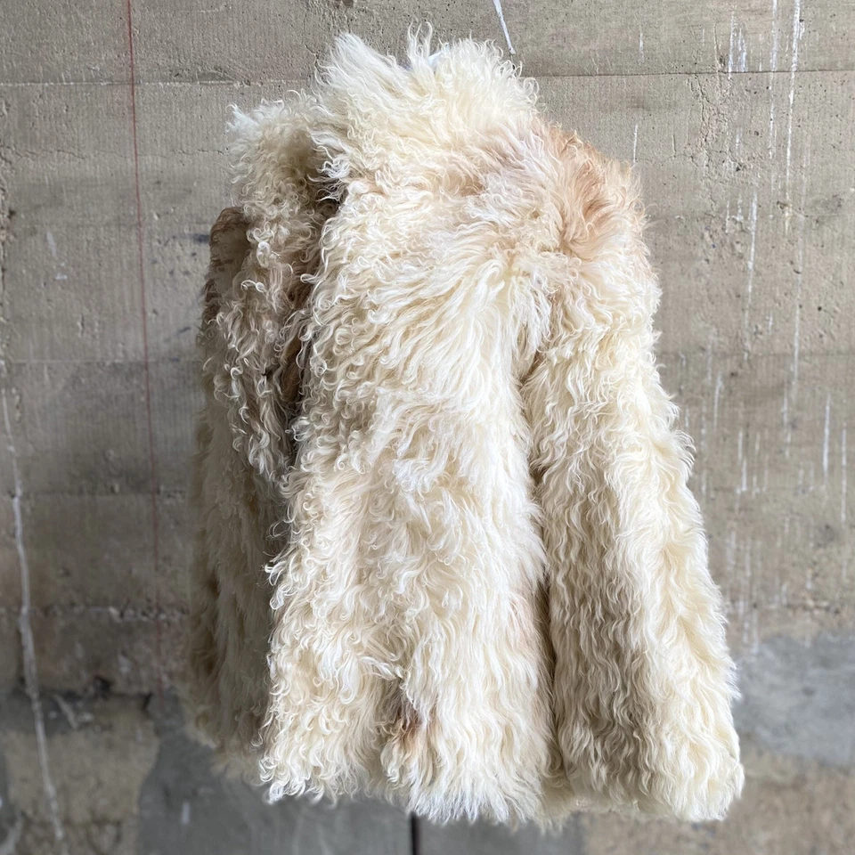 VIntage 1950s Tibetan Mongolian Lamb Curly Fur & Leather Shaggy Jacket Coat M/L - Image 4 of 4