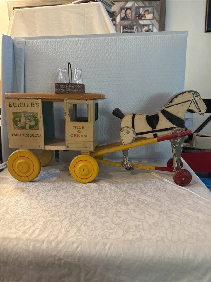 Винтажные Богатые Игрушки BORDEN'S МОЛОКО И СЛИВКИ Лошадь Коляска Олово Лито + Деревянная Игрушка на Тяге - Изображение 3 из 4