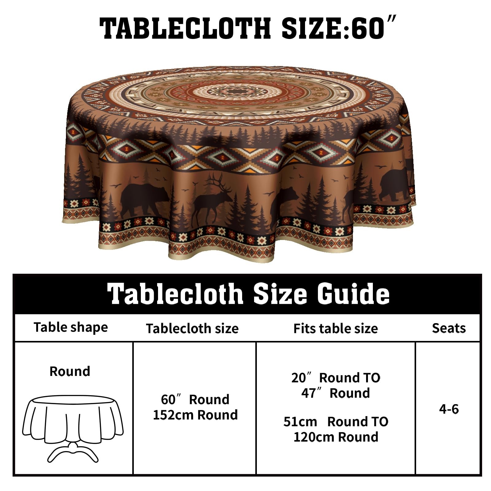 Giwawa Rustic Bear Deer Tablecloth Round 60 Inch Ethnic Geometric Circular Wa...