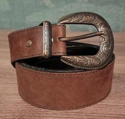 Vintage Design Jobis Brown Suede Leather Western Cowboy Belt Brass Buckle S 44