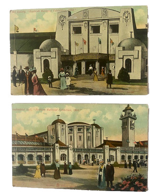 2 WR&S POSTKARTEN SCHOTTISCHE NATIONALE AUSSTELLUNG 1908 INDUSTRIEHALLE & KUNSTGALERIE