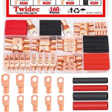 160PCS Battery Cable Ends AWG 2 4 6 8 10 12 Gauge Copper Cable Wire Lugs,