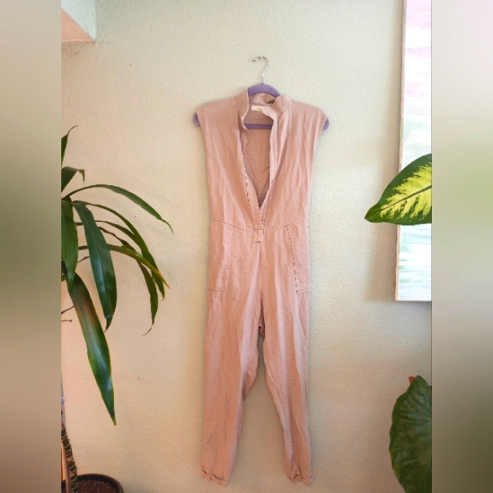 Plenty Utilitarian V Neck Lightweight Coastal Comfy Sleeveless Khaki Jumpsuit