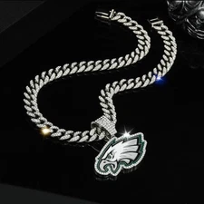 PHILADELPHIA EAGLES GEM NECKLACE Silver Bling Football Pendant / 24" Cuban Chain