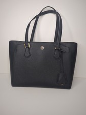 Tory Burch Robinson Small Saffiano Leather Black Tote Bag with Golden Accents