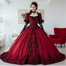 Gothic Red/Black Prom Dress Long Sleeves Lace Appliques Satin Ball Gown Vintage
