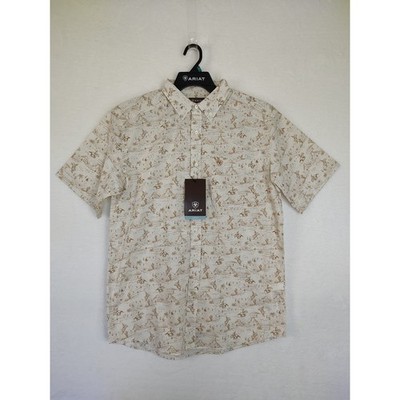 Ariat Mens Short Sleeve Western Desert Cowboy Print Button Down Shirt Cream M