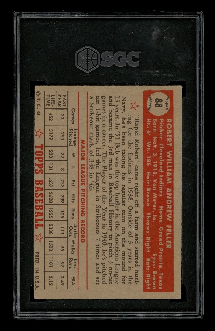 1952 Topps Set-Break # 88 Bob Feller SGC 4 VG EX view 2