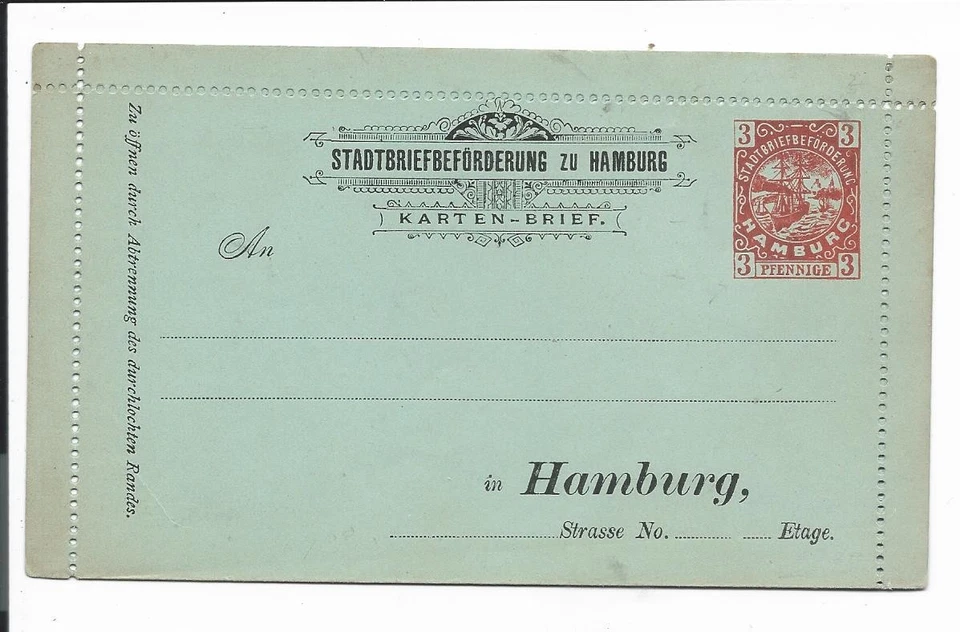 Stadtpost Hamburg Kartenbrief Stadtbeförderung 3 Pf ungebraucht - Bild 1 von 1