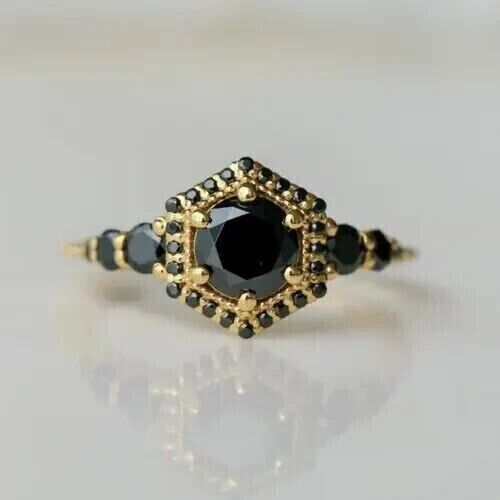 2Ct Round Cut Lab-Created Black Diamond Engagement Ring 14K Yellow Gold Finish - Picture 1 of 5