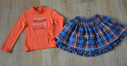 Eliane et Lena GIrls Orange Top and Blue Skirt Outfit Size 6 EUC