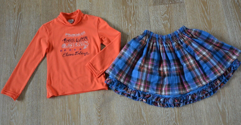 Eliane et Lena GIrls Orange Top and Blue Skirt Outfit Size 6 EUC