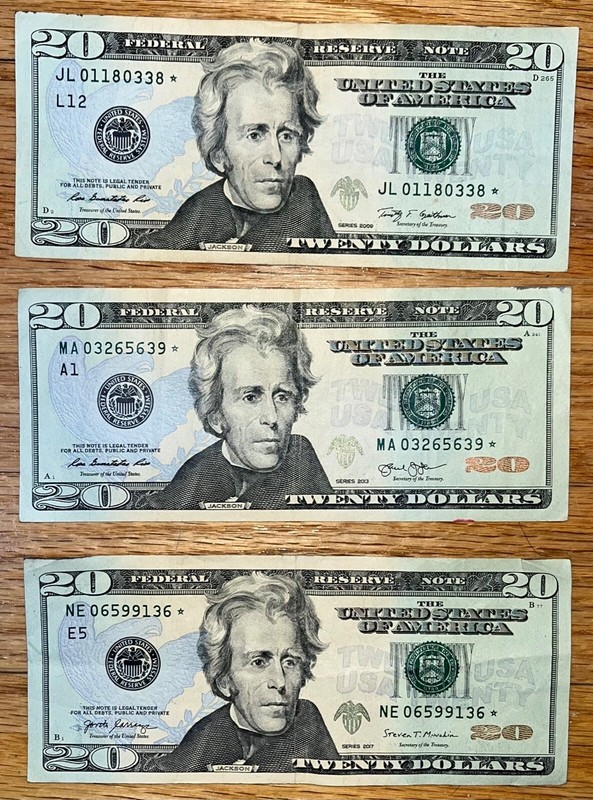 Lot of 3 Rare Twenty Dollar Bill Star Notes 2009 2013 2017 $20 Low Serial Number