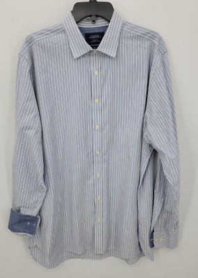 Charles Tyrwhitt Shirt Mens XL Blue Tan Stripe Slim Fit Flip Cuff Button Up