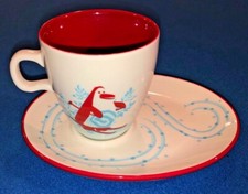 Starbucks 2007 Holiday Ceramic Mug and Snack Plate Skiing Penguin and Snowman