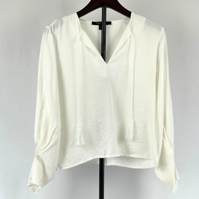 Marc New York Off White V-Neck Blouse M Tassel Ties Long Sleeve Elegant