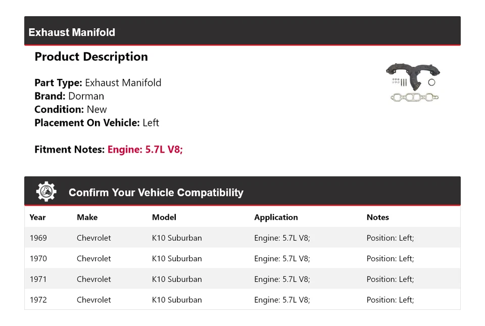 Colector de escape izquierdo 1970 para Chevrolet K10 Suburban 1969-1972 5,7 L V8 Dorman Foto 2 de 4
