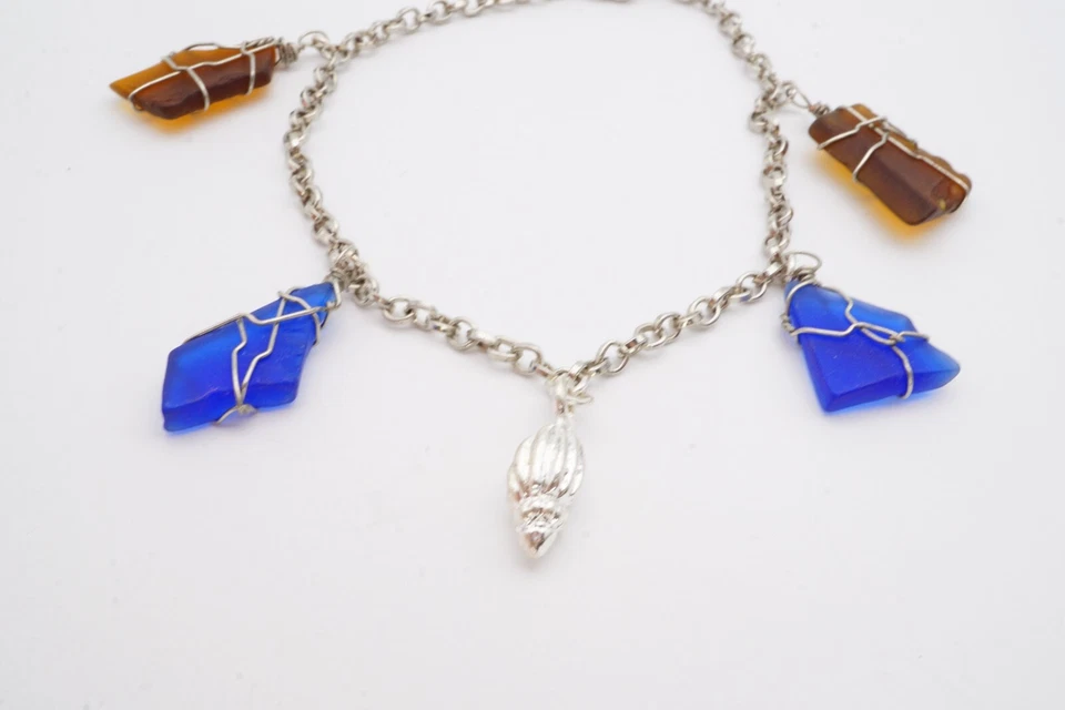 Pulsera tobillera tono plata playa cristal concha marina encanto 9" Foto 4 de 4